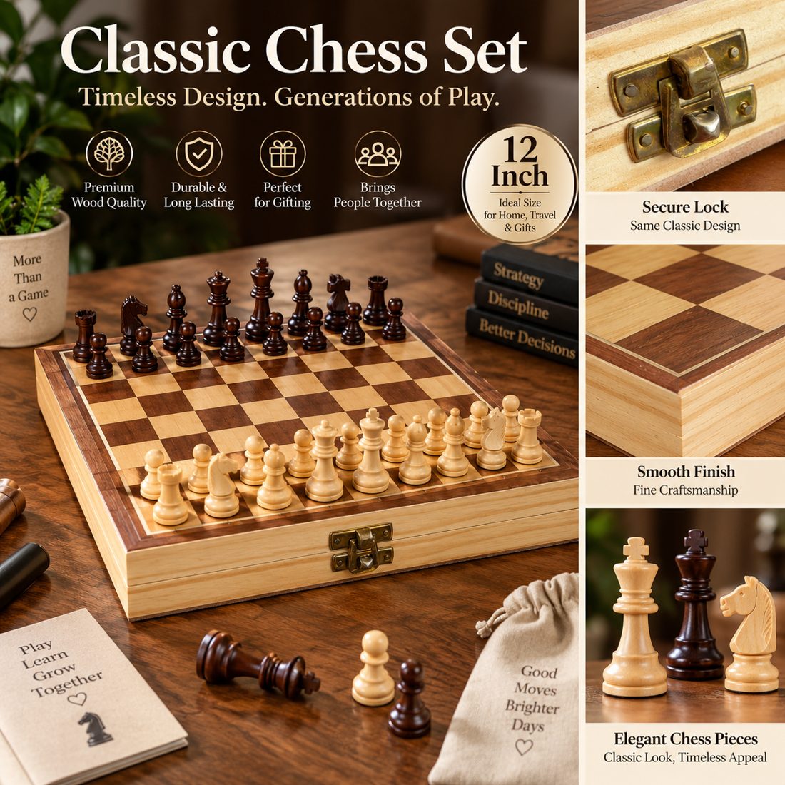Nakashi 12 inch wooden folding chess set